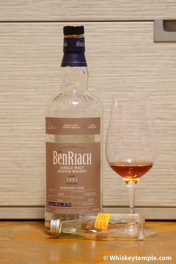Benriach 1991, 26 y.o. burgundy cask #6898 review Whiskeytemple малцово уиски Бенриах цена храм на уискито ревю мнение Burgundy wine чаши за уиски